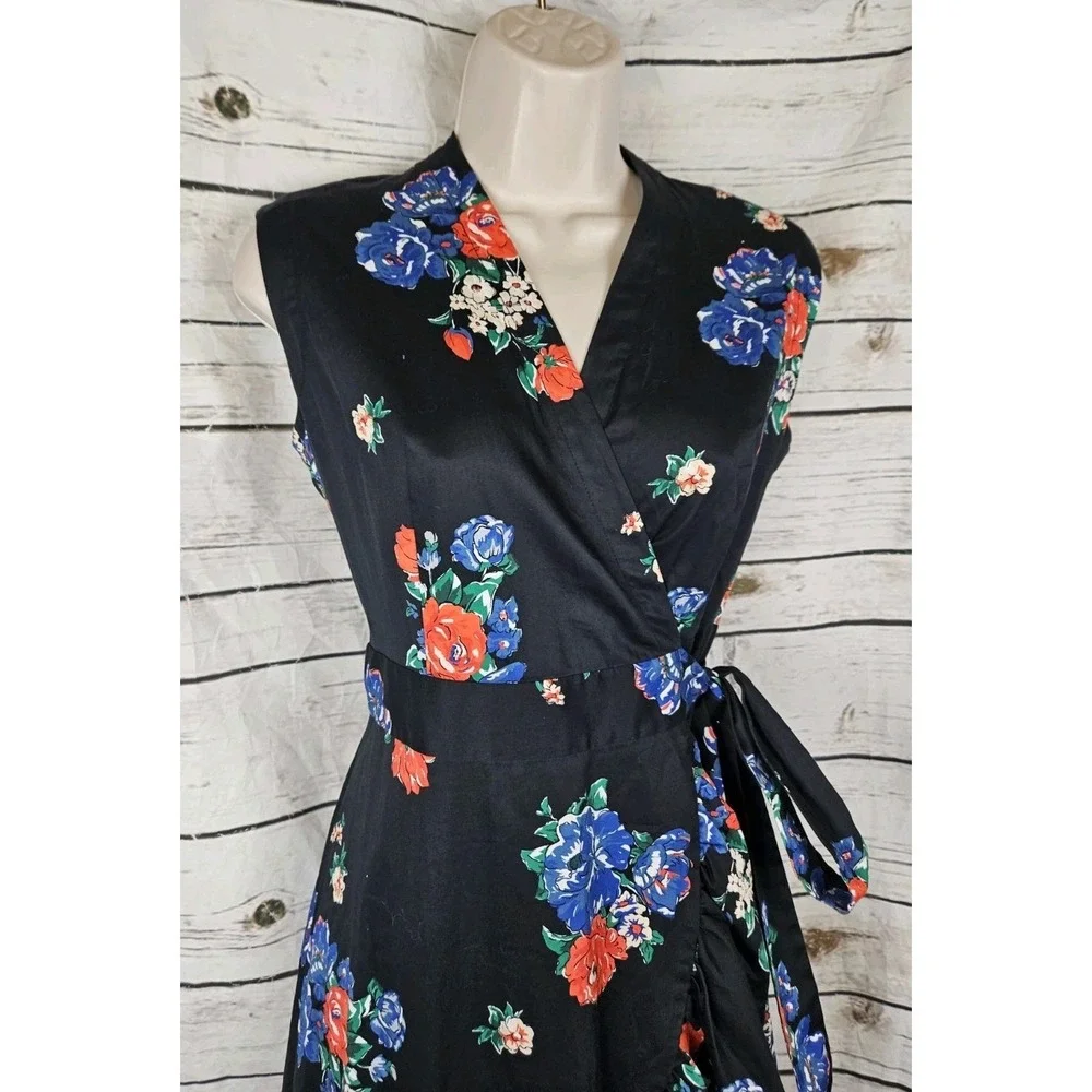 Tory Burch Navy Floral Printed Wrap Dress S Ruffle High Low Hem Sleeveless